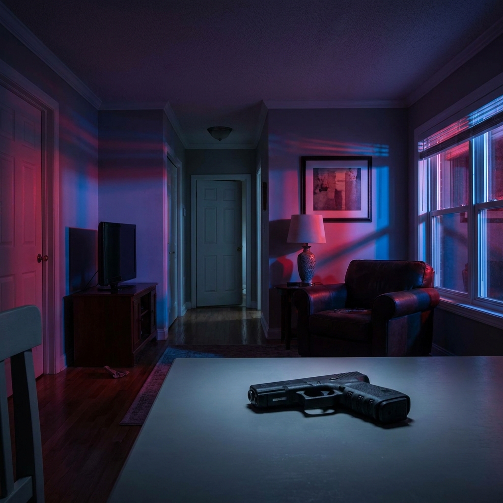 Handgun on a table illuminated by red and blue police lights through a window