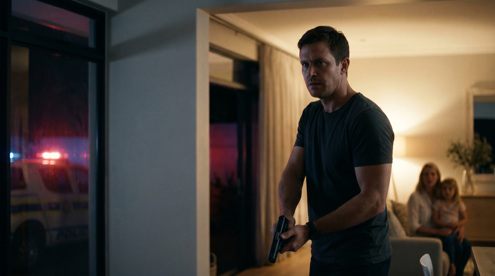 A man holding a firearm inside his home as police lights flash outside