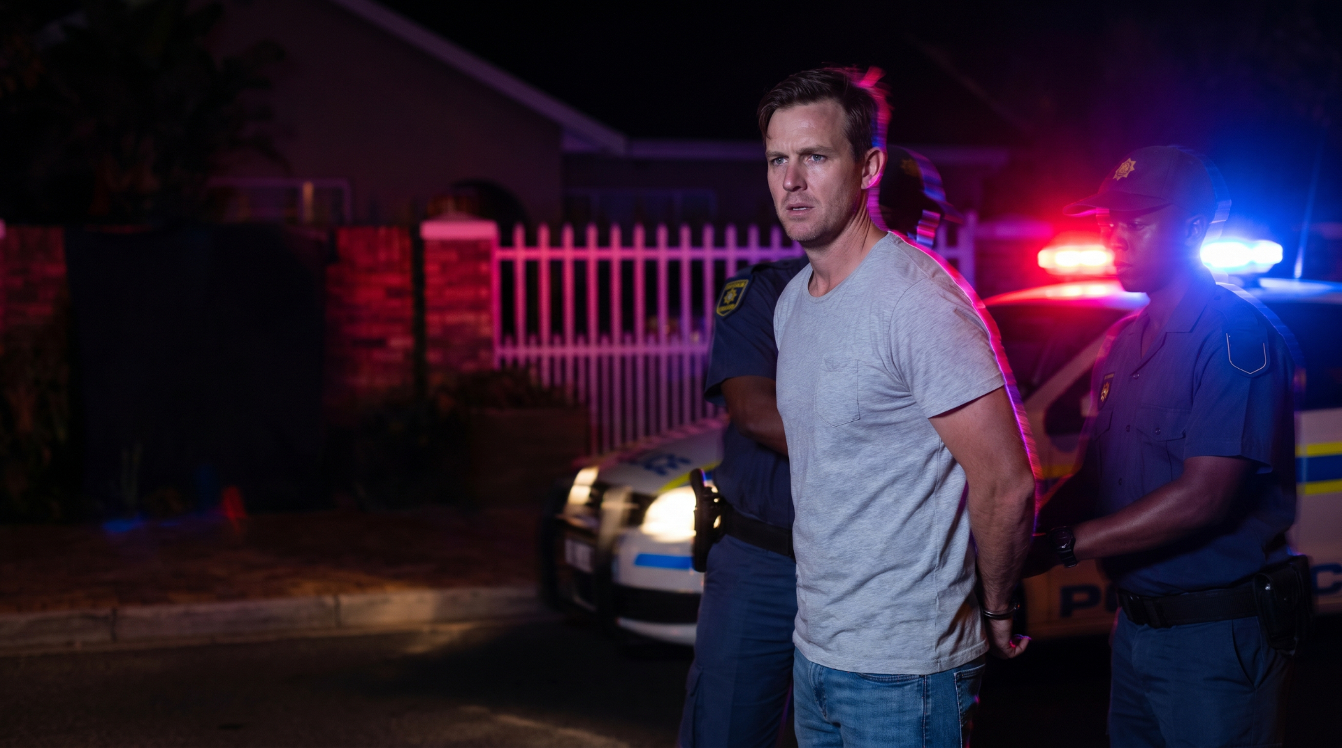 Man being placed in handcuffs by South African police officers outside a home at night