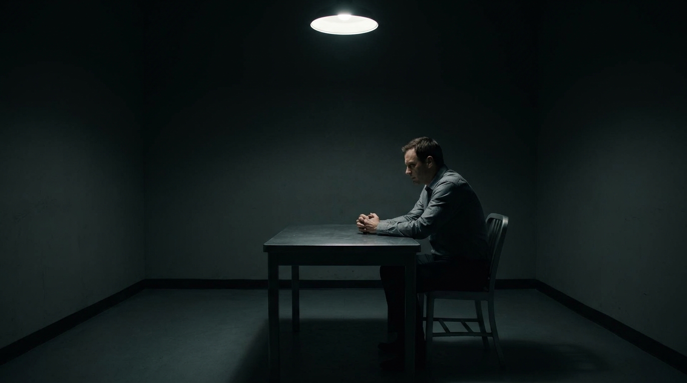 Man sitting alone at a metal table in a stark interrogation room under a single overhead light
