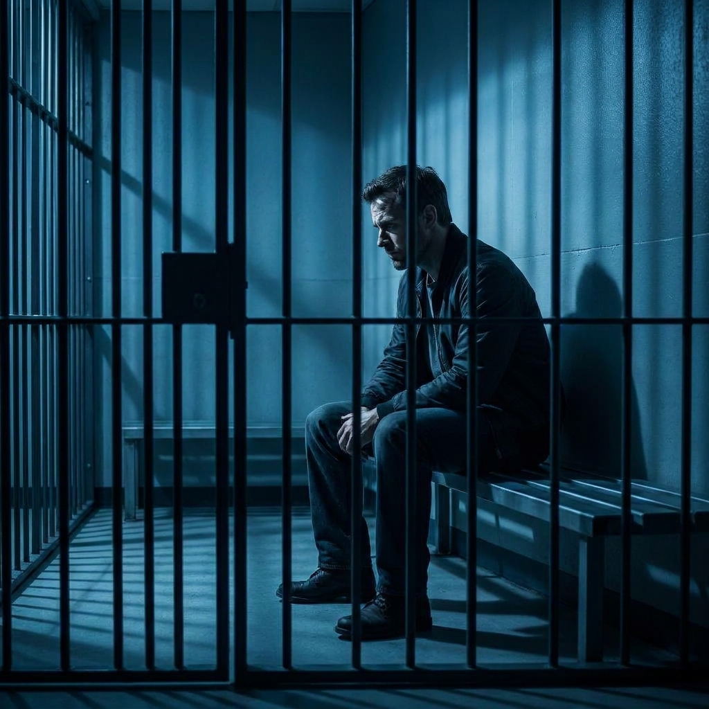 Man sitting on a bench inside a jail cell behind metal bars