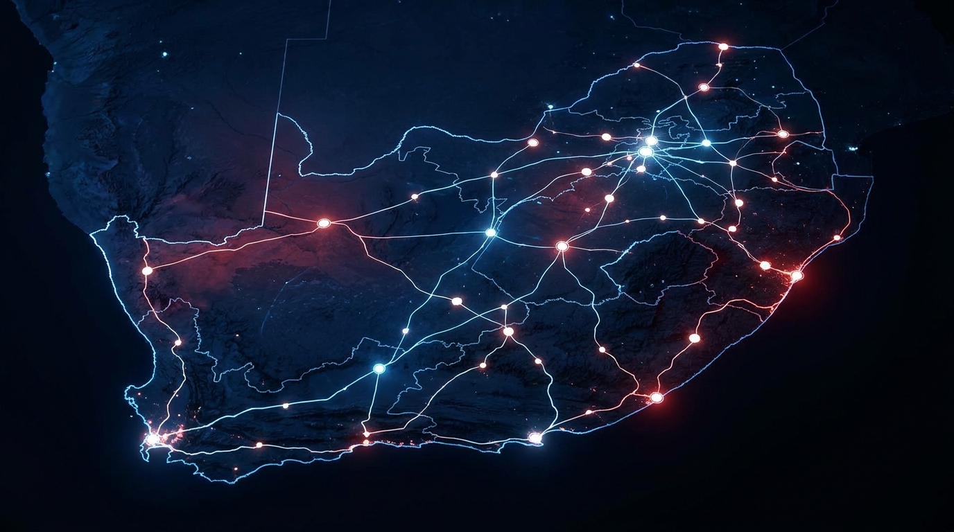 Map of South Africa with a glowing network of legal support points